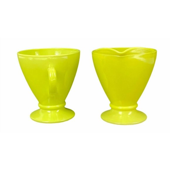 Vintage Hazel Atlas Ovidue Platonite Yellow Green Creamer Sugar Set c1950s - Picture 8 of 11